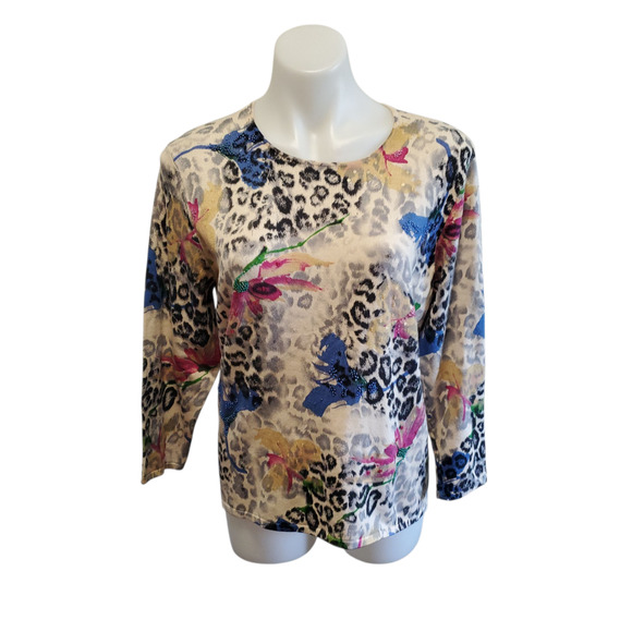 Nancy Bolen City Girl Top Med Y2K Glam Leopard Floral Sequin Knit Beaded Sweater - Picture 2 of 10